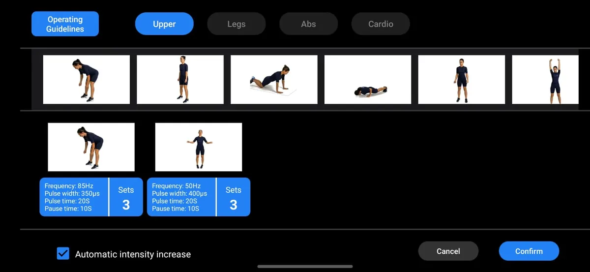 AI Trainer screen with guided exercises and automatic intensity increase