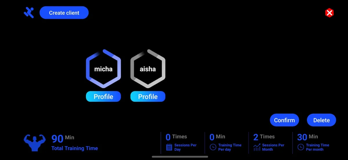 Client profiles screen with training statistics