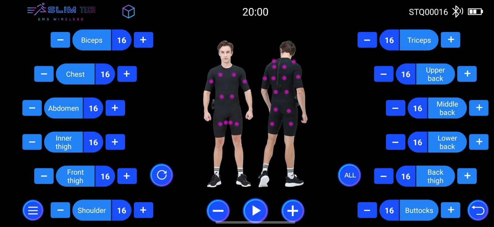 SlimTech app main control screen with plus and minus intensity controls for each muscle group
