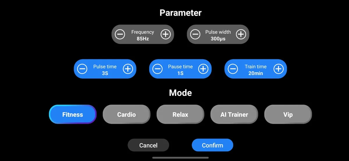 Parameter screen with frequency, pulse width, pulse time, pause time and training time