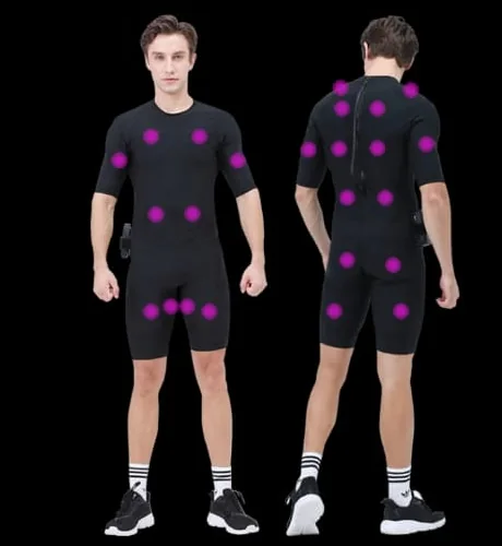 Front and back view of the EMS suit with electrode positions marked