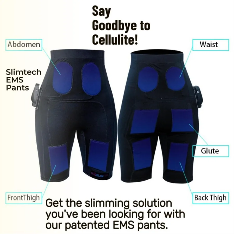 SlimTech EMS pants, front and back, with electrode zones on the abdomen, waist, glutes, front thighs and back thighs